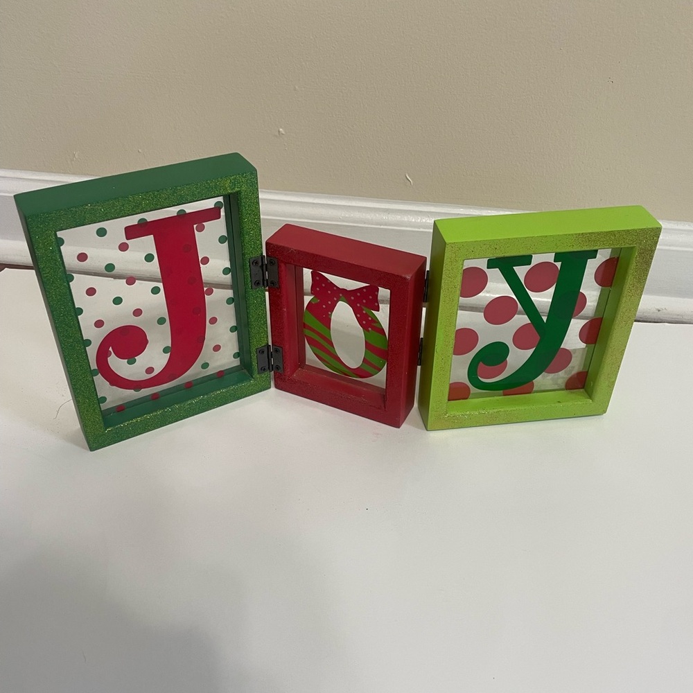 Christmas Red Green Wood Folding  frame Glass Letters JOY table decor